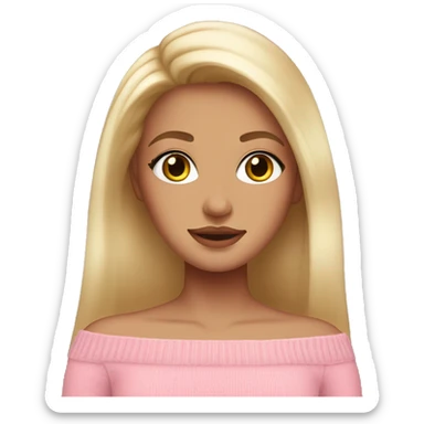 blonde girl with brown eyes, smooth skin, pink off shoulder sweater, long blow out hair sticker