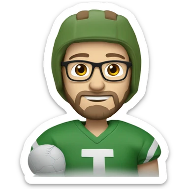 Caucasian man with brown hair beard and glasses wearing a green football jersey and cheese hat sticker