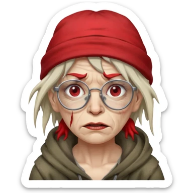 very dirty looking homeless woman with ripped red hat with ugly hair and broken glassess sticker