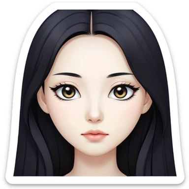 straight black long hair, korean pale skin skin, black iris, pretty bratz baddie, black eyeliner sticker