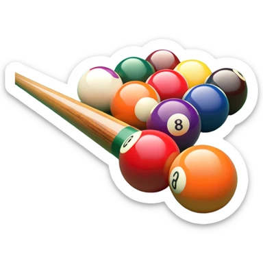 A close-up of a pool cue aimed at a set of colorful billiard balls resting on a green felt table. The focus is on the cue stick and the arrangement of balls, with subtle details of the game’s texture and atmosphere, emphasizing the precision and skill of billiards. sticker