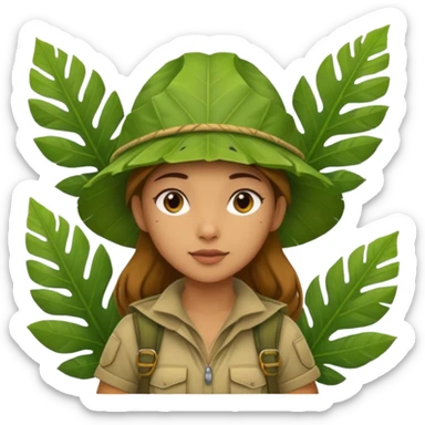 a young female explorer with jungle wearing a large leaf headgear bye  sticker
