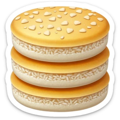 round airy rice cake with lightly puffed bubbled texture, pale off-white color, slightly uneven surface with hints of toasted golden grains, small stack or single crisp, light crunchy appearance, soft lighting, subtle shadows, emoji scale sticker