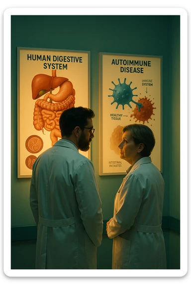 In italiano Realistic, detailed photo taken from behind of two doctors—a bearded man and a middle-aged woman—standing side by side in a modern medical office, intently studying a large, illuminated medical chart on the wall. The chart displays a detailed diagram of the human digestive system, highlighting the intestines and showing microscopic images of intestinal parasites. Next to it, another chart illustrates the immune system attacking healthy tissues, visually connecting gut parasites to autoimmune disease mechanisms. The room is bathed in a single green-blue color, with a warm, yellow-orange light casting soft shadows around the doctors. Both wear white coats and have serious, focused expressions, suggesting a deep discussion about the root causes of autoimmune conditions. Shot with a Canon EOS R5, with high detail, natural depth of field, and a clinical yet dramatic atmosphere. sticker