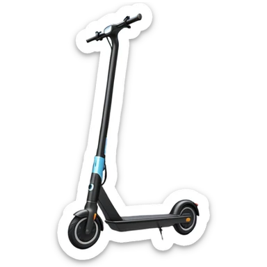 An icon featuring a sleek electric scooter with a modern design, parked on a smooth city sidewalk. The background shows a bustling urban landscape with clear skies, tall buildings, and pedestrians walking by. The scooter is highlighted as a symbol of eco-friendly transportation and modern mobility.  sticker