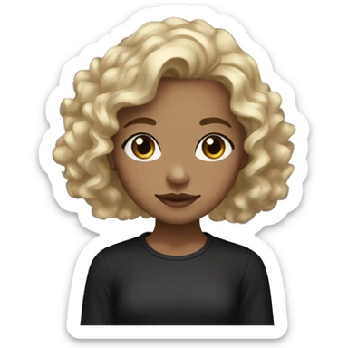 Girl with diamond blue eyes, a soft tan, curly shoulder length brown hair with blonde highlights in a long sleeve black shirt  sticker