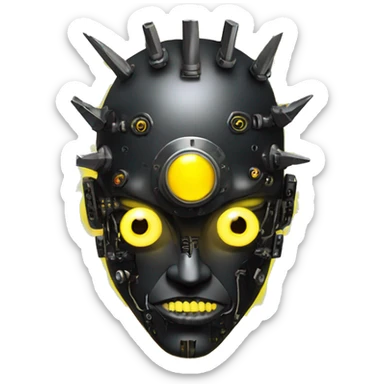black metal cyborg head with circuitry, one artificial eyeball, and yellow Mohawk goatee sticker