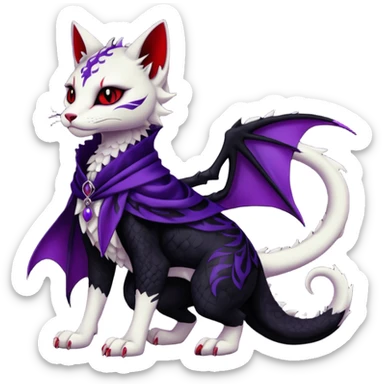 Kawaii feral, four-legged gothic dark badass black, red, purple, cute beautiful pretty elegant divine edgy feline-vernid-sergal-Haku-dragon-fursona-animal-creature, full body, with intricate detailed markings, silken shawl sticker