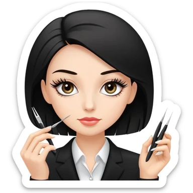 A girl with a black square, fair skin, with extended eyelashes in a black suit of a manicurist holds tweezers in her hands sticker