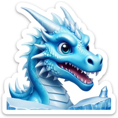Cinematic Comical Beautiful Ice Dragon Portrait Emoji, Head tilted dramatically with an exaggeratedly amused expression, featuring a striking, glossy icy body with bold, crystalline textures and wide, expressive eyes that shimmer with playful frost, rendered with vibrant, lifelike detail and dynamic, natural shadows, high shine, dramatic yet whimsical, styled with an air of cheeky arctic mischief, soft glowing outline, capturing the essence of a spirited and over‐the‐top ice marvel that looks ready to burst into a flurry of frosty fun! sticker
