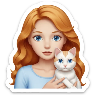Long wavy strawberry blonde blue eyes woman with a white cat with blue eyes realistic  sticker