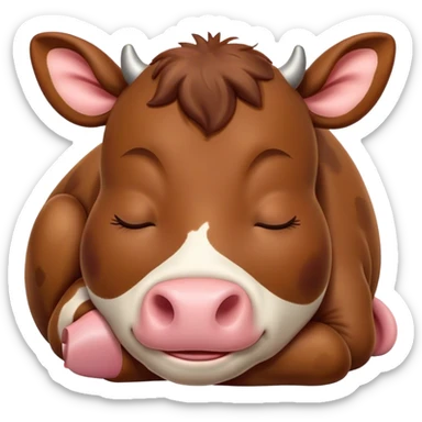 Meme-Worthy Cute Sleeping Brown Cow Portrait Emoji, Head resting peacefully with a contented smile, showcasing a robust build and a luxuriously soft deep brown hide, eyes shut in a serene, restful nap, Simplified yet hilariously adorable features, highly detailed, glowing with a soft, drowsy light, high shine, relaxed and utterly lovable, stylized with an air of playful laziness, bright and heartwarming, soft glowing outline, capturing the essence of a comically sleepy cow, so meme-worthy it feels like it could instantly become the next viral sensation of adorable slumber! sticker