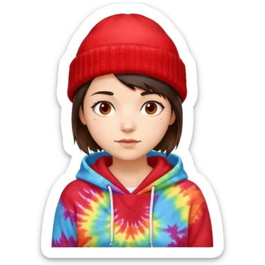 very short haired brunette girl with a red beanie on and a tiedye hoodie sticker