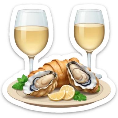 French cuisine humanless avatar in clean emoji-style illustration. Croissant, oysters and wine glass, soft beige tones, simple shapes, flat design, refined and cozy. sticker