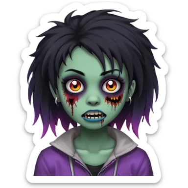 girl, zombie, black coily hair, medium long, emo, shaggy, dark, spooky, piercing on eyebrow, colourful teeth, creepy blank expression sticker