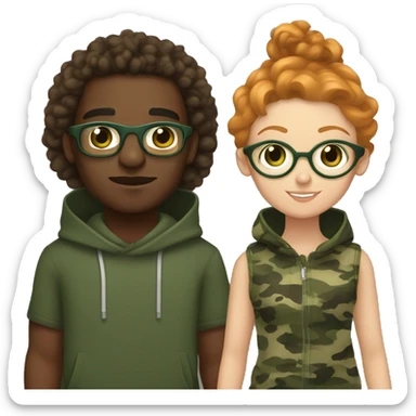 Black man with a camouflage hoodie, curly brown hair and brown eyes, holding hands with a ginger girl with straight hair, gold wire rim glasses and green eyes sticker