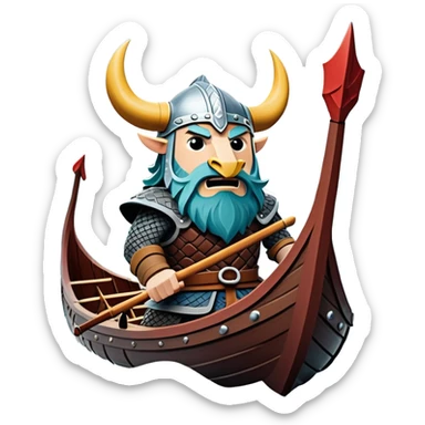 clash-of-clans-aesthetic_-cinematic-viking-longboat, rendered in a flat, bold vector style with minimal shading, featuring a striking dragon-headed prow slicing through icy, churning waters. shields on the side and vikings rowing The longboat’s intricately detailed shields and carved motifs evoke a sense of epic adventure and Nordic might, with billowing sails catching a dramatic, stormy sky backdrop. sticker
