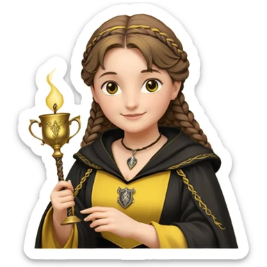 Helga Hufflepuff,the Hogwarts founder of Hufflepuff,brown-haired,2braids,yellow-black medieval dress with black cloak decorated with gold braiding,flickering magic wand and tiny two-handled shiny gold cup engraved with the badger silhouette,very kind smile,curvy busty sweet sticker