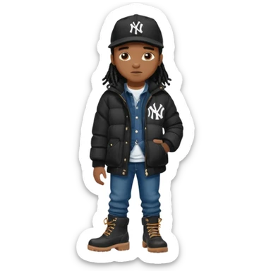 African American boy with short black dreadlocks wearing a black New York Yankees logo baseball cap wearing a black bubble winter coat wearing denim skinny jeans and timberland boots sticker