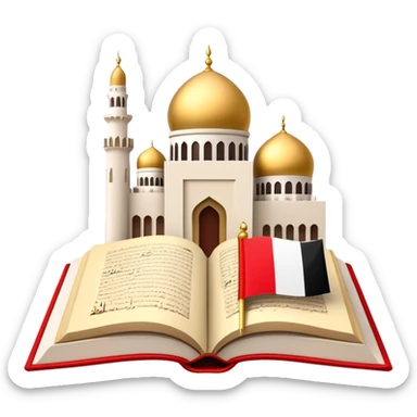 An icon featuring the mosque and the flag of United Arab Emirates, symbolizing the Arabic language. The design includes an open book with Arabic script and calligraphy, representing language learning and cultural heritage. Transparent background sticker