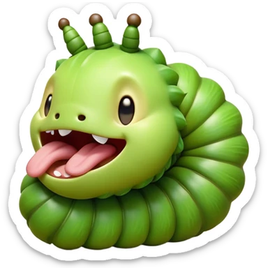 Cinematic Realistic Cute Yawning Caterpillar Portrait Emoji, Head tilted slightly with a dramatic, wide-open yawn, showcasing a soft, downy segmented body in vivid green with subtle drooping and half-closed, drowsy eyes, rendered with intricate natural texture and gentle shadows, high shine, relaxed yet expressive, styled with a dash of woodland charm, soft glowing outline, capturing the essence of a sleepy yet affectionate caterpillar that appears ready to stretch out and rest among the leaves! sticker