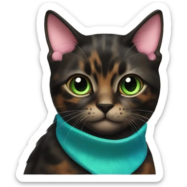 tortoiseshell cat, more black furr, with green-blue eyes and a pink collar sticker