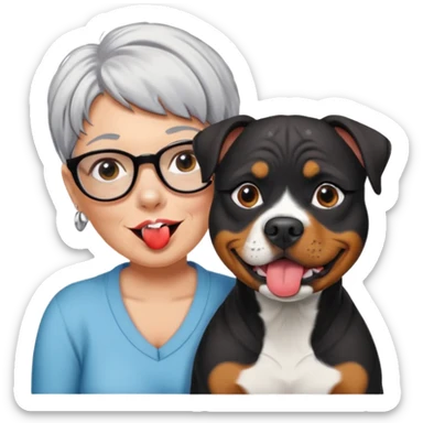 Pitt bull rottweiler white muzzle with black spots tongue out next to middle aged woman with short silver hair sticker