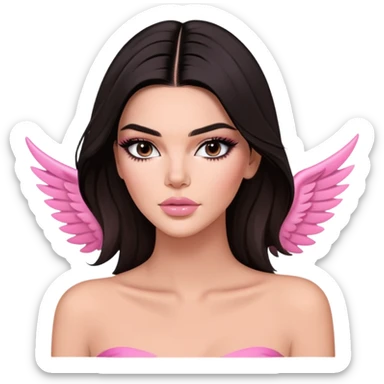 Kendall Jenner model, elongated face, long flowing dark hair, pink glossy lips, pink blush on cheeks, dramatic winged eyeliner, bare shoulders sticker
