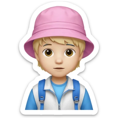 A little boy student white skin, blonde hair, with pink bucket hat, white jacket, blue backpack sticker