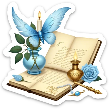 A dreamy, romantic scene of a candle-lit desk with an open love letter, a feather quill dipped in golden ink, an ornate perfume bottle, and a bouquet of pale blue roses resting beside a pearl-adorned butterfly.
 sticker
