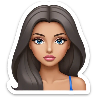 Glamours, tanned, very beautiful girl, with big pump peach-beige-rose lips, long long lashes, black straight smooth silky long hair, straight parting hair, blue-grey eyes sticker