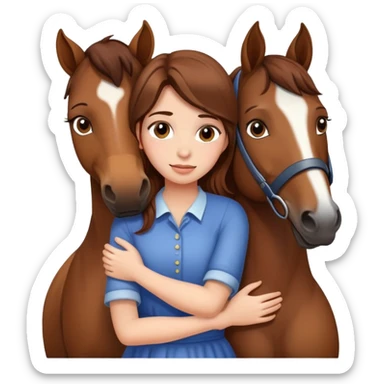 girl with brown hair hugging a horse sticker