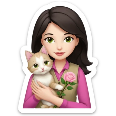 Make me an iphone avatar sticker of a woman with slightly brown black wavelength hair, dark brown eyes, slightly yellow white skin, pink lips, brown clothes and cream vest with a rose flower motif who is smiling and hugging a white kitten with green eyes. sticker