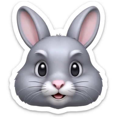 Cinematic Comical Grey Rabbit Portrait Emoji, Head tilted dramatically with an exaggeratedly amused expression, featuring a striking grey fur with subtle textures, wide, expressive grey eyes filled with playful disbelief, Simplified yet hilariously expressive features, highly detailed, glowing with a slightly sassy glow, high shine, dramatic yet playful, stylized with an air of cheeky mischief, bright and endearing, soft glowing outline, capturing the essence of a spirited and over-the-top bunny, so meme-worthy it feels like it could side-eye its way into internet fame instantly! sticker