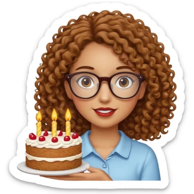 Tanned girl with brown curly hair wearing glasses with a cake  sticker