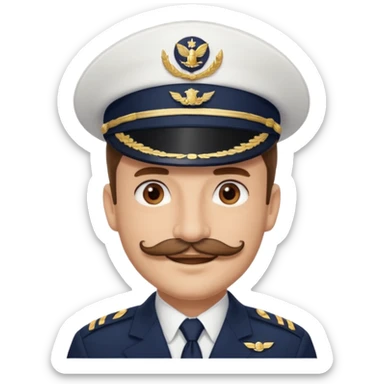 A light-skinned man with brown eyes and handlebar mustache, smiling while wearing a white captain’s hat with a navy emblem. sticker