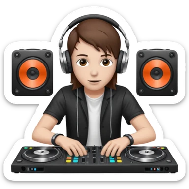 White skin dj mixing with dj booth, headphone on head, no cap, not bald, brown hair  sticker
