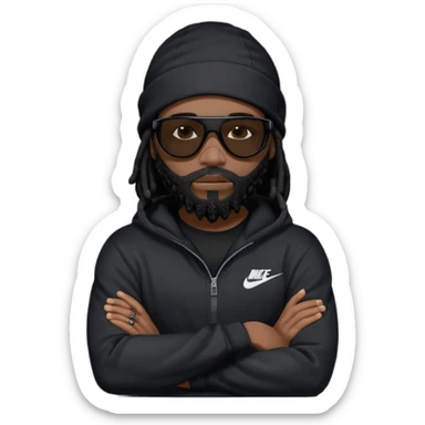 African American man with shoulder length black dreadlocks with black beard wearing black sunglasses wearing a black ski mask covering face wearing a Nike hoodie with his arms folded across chest sticker