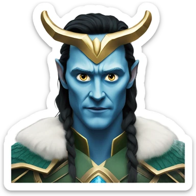Loki from Thor dark World frost giant with tom Hiddlestons face, blue skin tone with not noticeable accient simbols,Gold crown horns, black mid hair sticker