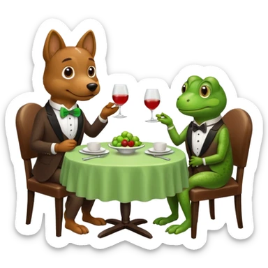 A dog waiter serving two frogs on a date sticker
