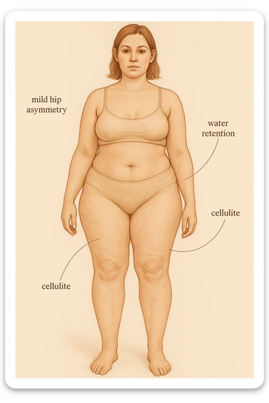 Realistic anatomical illustration of a woman with mild hip asymmetry, water retention, and cellulite, viewed in a soft, educational, body-positive way. sticker