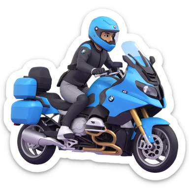 BMW RT1200 touring motorcycle with rider wearing helmet sticker