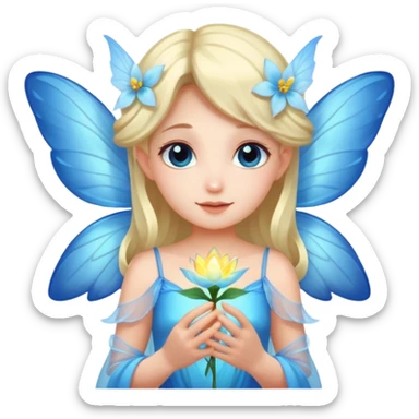A shy fairy with soft blue wings, gently holding a glowing blossom.
 sticker