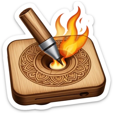 Pyrography icon, wooden surface with detailed burn marks, intricate patterns being burned into wood with pyrography tool, minimalistic style, clean lines, transparent background. sticker