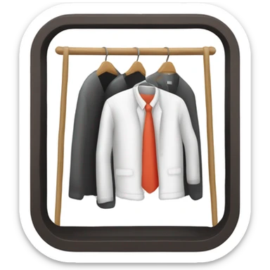 Design an emoji-style icon of an open wardrobe with clothes hanging inside. Include details like a wooden frame, hangers, and only black or white different clothing items such as shirts or any other clothing . Use a clean and minimalistic design. sticker