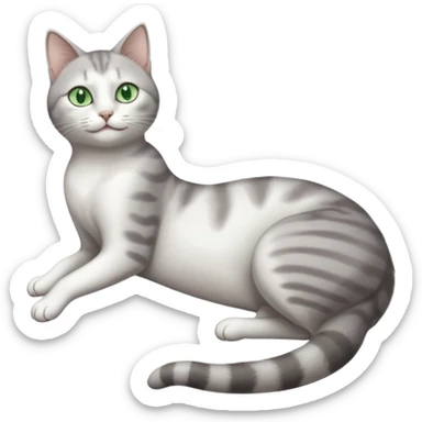 grey and white cat with green eyes doing a big extremely long stretch reaching up into the air with arms and legs side by side together straight and overextended whilst lying on its side sticker