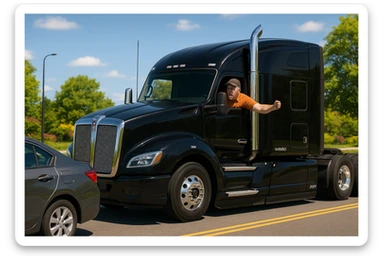Black Kenworth W680 semi sleeper (2026) with chrome stack, following a car. The truck driver is angry, bald, wearing an orange shirt and a baseball cap, with arm out the window. Bright and lively road scene with clear visibility of both vehicles. sticker
