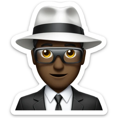 no visible eyes, white male, with a black fedora with a pinstripe suit and a vr headset happy  sticker