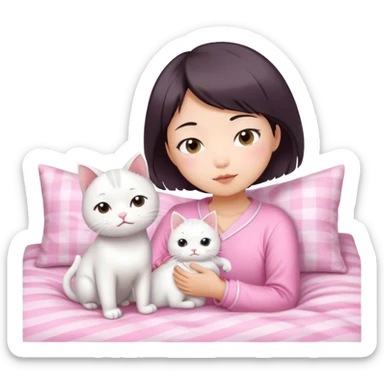Short hair Asian girl wake up with white cat in pink pj sticker