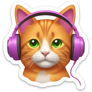 orange cat with green eyes with pink headphones sticker